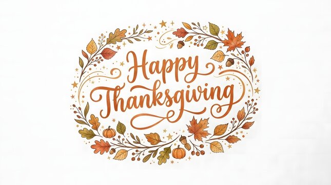 Happy thanksgiving lettering with decorative autumn floral frame on plain background.