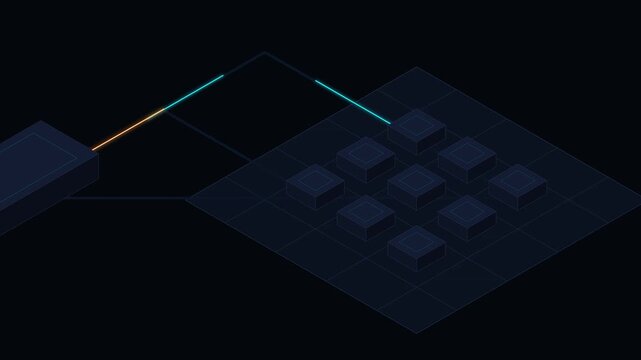 Edge computing data buffering architecture with isolated server gateway and queued network packets in isometric digital style