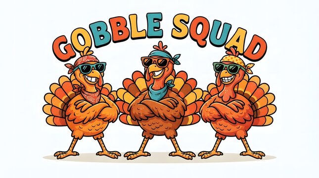 Gobble squad turkeys with bandanas and sunglasses, funny thanksgiving design.
