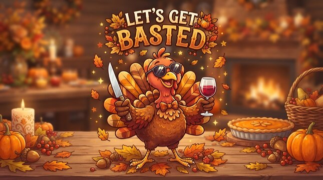 Let's get basted funny turkey with knife and wine for thanksgiving.