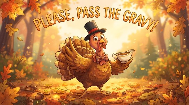 Please pass the gravy turkey in pilgrim hat holding gravy boat.