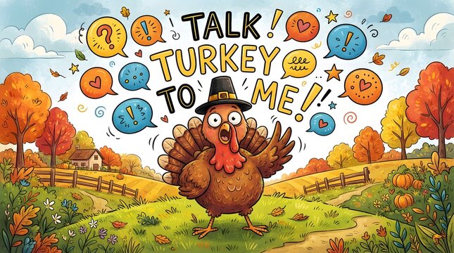 Talk turkey to me cartoon turkey in pilgrim hat in autumn landscape.