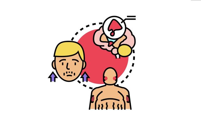 Pituitary gland releasing luteinizing hormone triggering various endocrine system changes, influencing male hormone balance, and leading to symptoms like acne and body hair growth