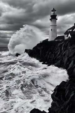 Black and white lighthouse on rocky cliffs as a massive wave crashes against the shore