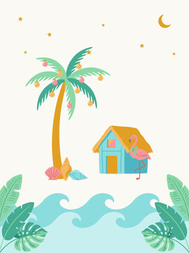 Pastel beach scene with palm tree and cozy hut. Flamingo stands near turquoise wave and shell. Moon and stars twinkle in soft sky above. Coastal calmness invites vacation dreams