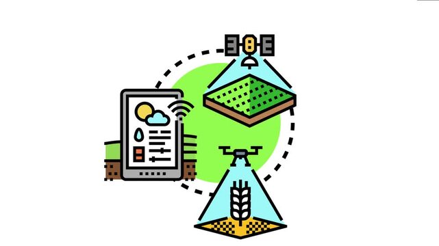 Smart agriculture concept showing a satellite, drone, and tablet collecting and analyzing terrain, crop, and environmental data for precision farming