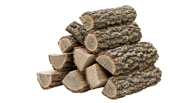 Isolated stack of natural oak firewood logs with rough bark texture and visible tree rings