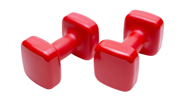 Isolated pair of bright red plastic dumbbells for fitness, strength training, and home workouts