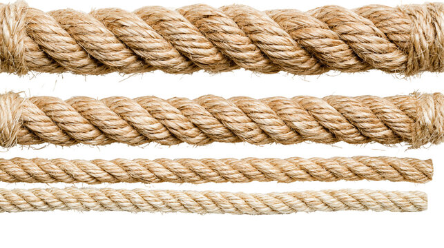 Isolated durable natural fiber ropes, twisted and textured, showcasing various thicknesses and strength.