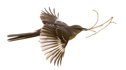 Isolated Northern Mockingbird in swift flight carrying natural twigs for building a nest © Andrei