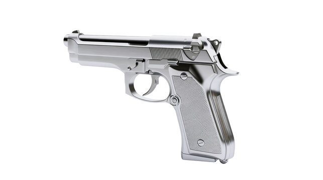 Isolated modern metallic silver automatic pistol handgun weapon detailed studio shot