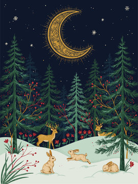 Golden moon glows above snowy pine forest. Red berries dot branches, soft and bright. Deer graze, calm, beneath starlit sky. Bunnies rest, cozy, in quiet snow. Whimsical, serene, enchanted night scene