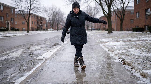 Adult woman walking carefully on icy sidewalk in residential area  
