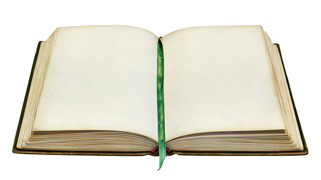 Isolated antique open book with blank yellowed pages and a vibrant green ribbon bookmark