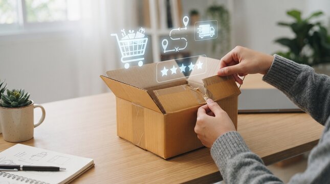 E-commerce package delivery and unboxing, hands opening cardboard box parcel, online shopping customer rating and logistics tracking concept
