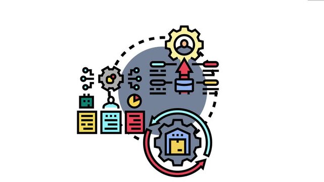 Business process workflow planning with various stages, representing data analysis, task management, human resources, and an iterative cycle for production and delivery