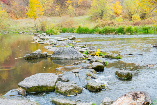 Rocky river bank with trees and grass in autumn season