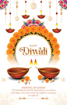 Elegant Happy Diwali vertical poster background template featuring a decorative background with oil lamps and mandala.