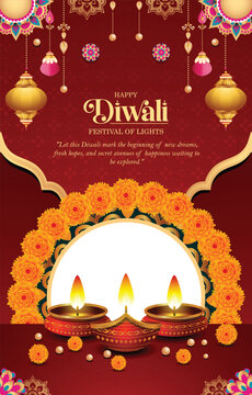Elegant Happy Diwali vertical poster background template featuring a decorative background with oil lamps and mandala.