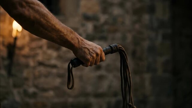 Roman Soldier Gripping a Leather Scourge Before the Flogging of Jesus Christ, Intense Biblical Passion and Holy Week Scene of Punishment, Violence, Cruelty, Suffering, Persecution and Injustice