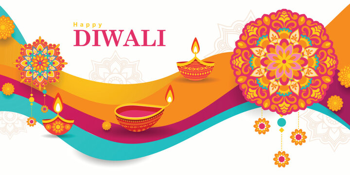 Diwali hindu festival horizontal background template featuring a decorative background with diya lamps and mandala.