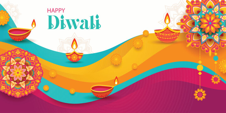 Diwali hindu festival horizontal background template featuring a decorative wave concept