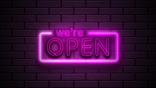 Retro Neon We're Open Sign on Dark Brick Wall