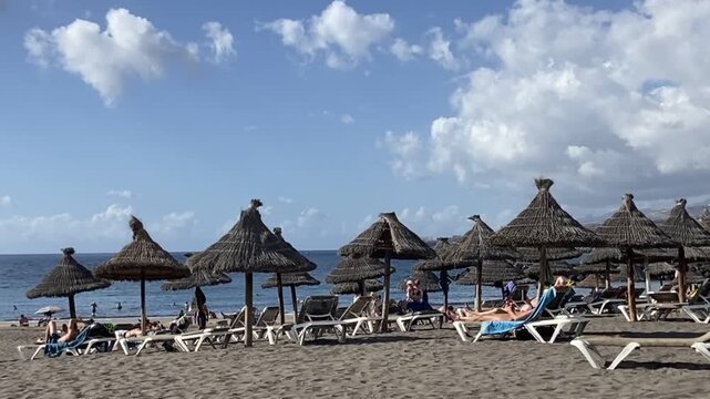 View of Playa del Bobo beach, Costa Adeje, Tenerife,Canary Islands,Spain. Travel or vacation concept,4K.	