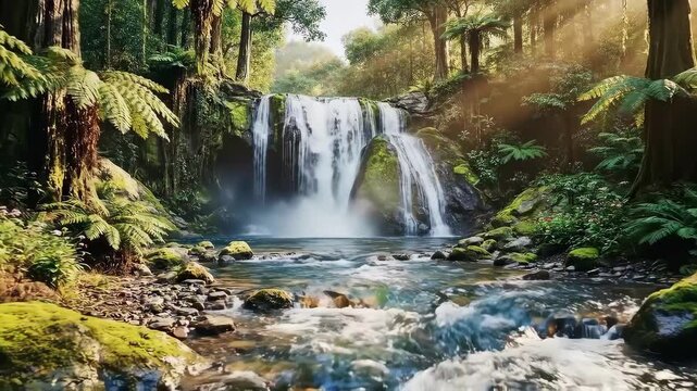 Tracking shot dolly in of waterfall flowing into forest stream with moss covered rocks sun rays and misty morning light