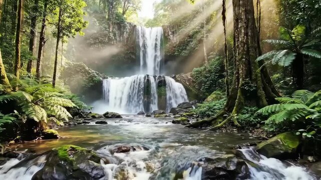Slow motion tracking shot of waterfall cascading into forest stream with sunlight rays in tropical rainforest morning