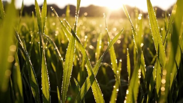 Slow motion tracking pan of grass blades with dew drops glistening and swaying in sunrise field meadow outdoors backlit by golden sunlight over rural horizon