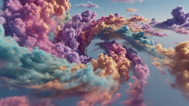 Aerial tracking slow motion pan of colorful cumulus clouds swirling into vortex above open sky near horizon during daytime