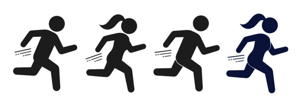 Running sport man and woman icon set in flat vector style, ideal for fitness, athletics, jogging, and sports designs.