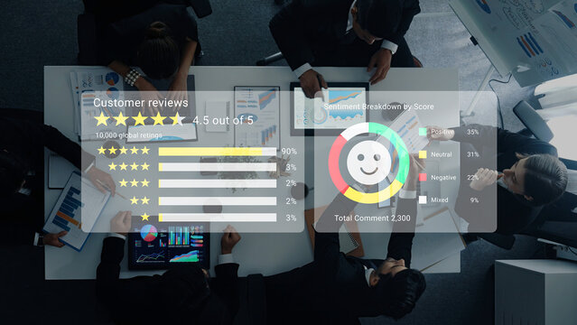 A corporate meeting scene where professionals analyze customer reviews and feedback metrics using digital screens, showing charts and data for strategy planning. Gantry