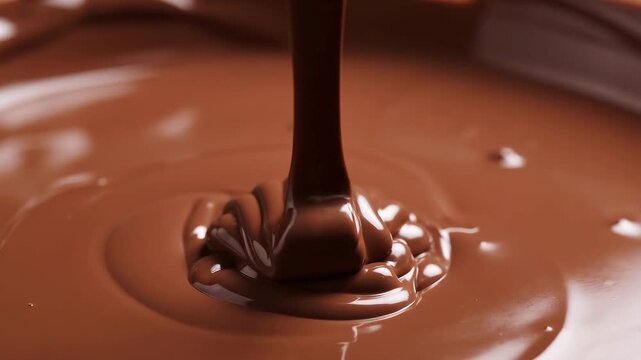 Slow motion close up tracking shot of chocolate liquid pouring and swirling into bowl on tabletop in studio kitchen