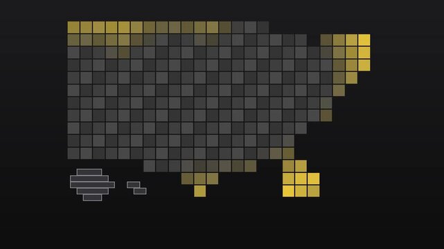 Pixelated United States map with golden highlights, digital grid USA map for infographics, abstract square block American map on dark background.
