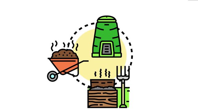 Plant based compost materials becoming rich organic fertilizer, using a compost bin, a wheelbarrow of soil, and a pitchfork for sustainable gardening and waste management