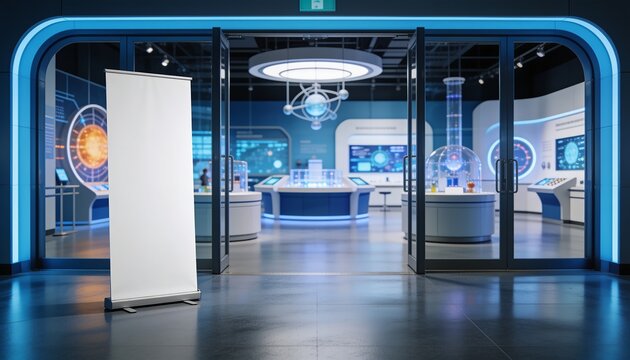 blank roll up banner, rollup banner mockup, science museum entrance, futuristic laboratory exhibition hall, modern technology display center, blank mockup template