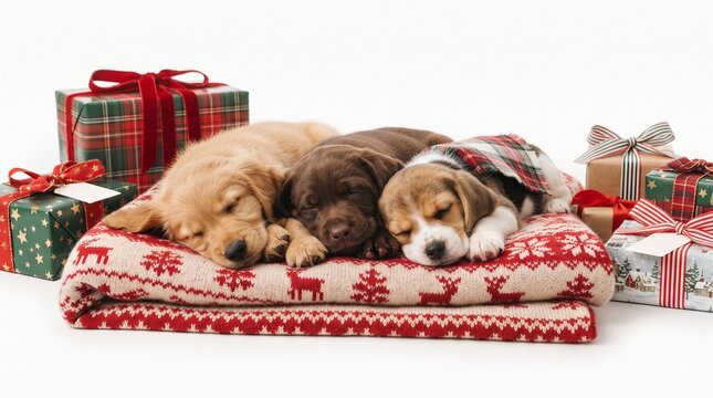 Three adorable puppies sleeping together on a festive christmas