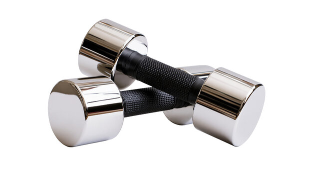 Isolated two shiny chrome dumbbells for fitness and bodybuilding, gym workout equipment