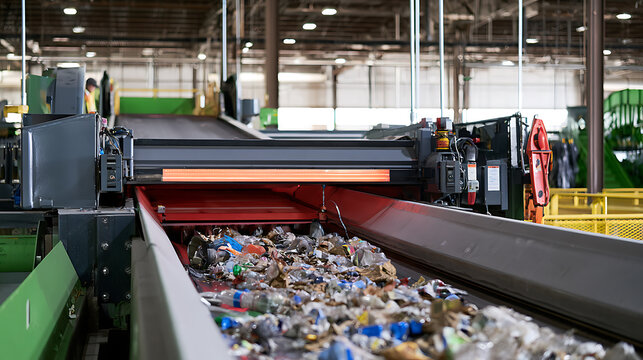 Industrial sorting facility conveyor belt system for material recovery facility processing municipal solid waste and refuse for green recycling