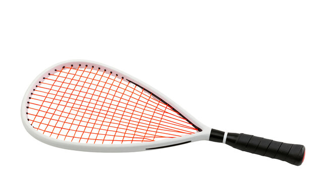 Isolated white and black squash racket with vibrant orange strings, professional sports equipment