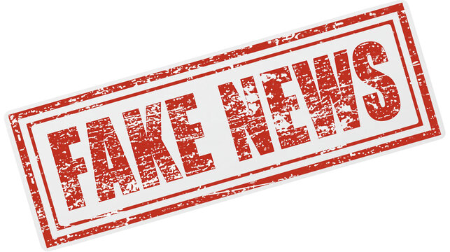 Isolated red grunge fake news stamp representing widespread misinformation and untrustworthy content