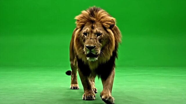 Tracking dolly shot of male lion walking and prowling across green screen studio set