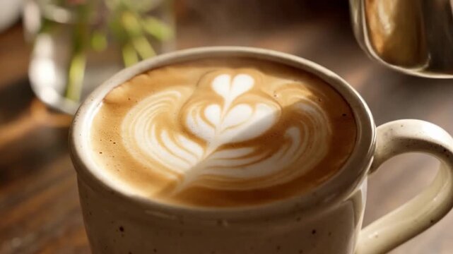 Slow motion close up tracking shot of milk pouring into latte cup creating heart latte art on wooden cafe table