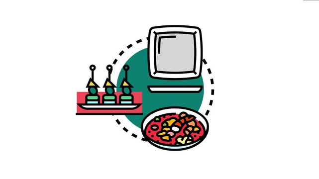 Plate based food riddles conceptual featuring a screen, various food appetizers, and a bowl of stew, representing culinary guessing games and interactive dining experiences