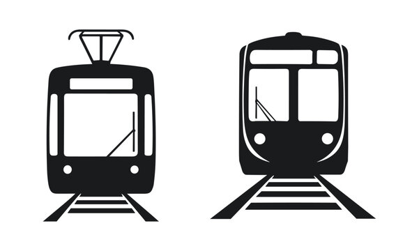 Two Trains Side by Side: Silhouettes of two distinct trains, one with an overhead electric line and the other a modern subway car, are depicted on train tracks, symbolizing travel and transit.