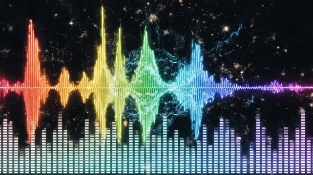 Static shot of colorful audio waveform visualization with pulsing equalizer bars and expanding particle effects on black digital screen