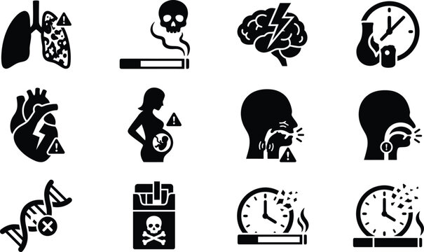 Set of black smoking health hazard and risk vector icons featuring damaged lungs, toxic skulls, pregnancy risks, genetic mutation, and life expectancy reduction symbols in flat style.