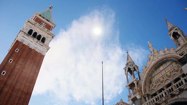Venice Landmarks St Mark Square Campanile and Cathedral Exterior - 4K